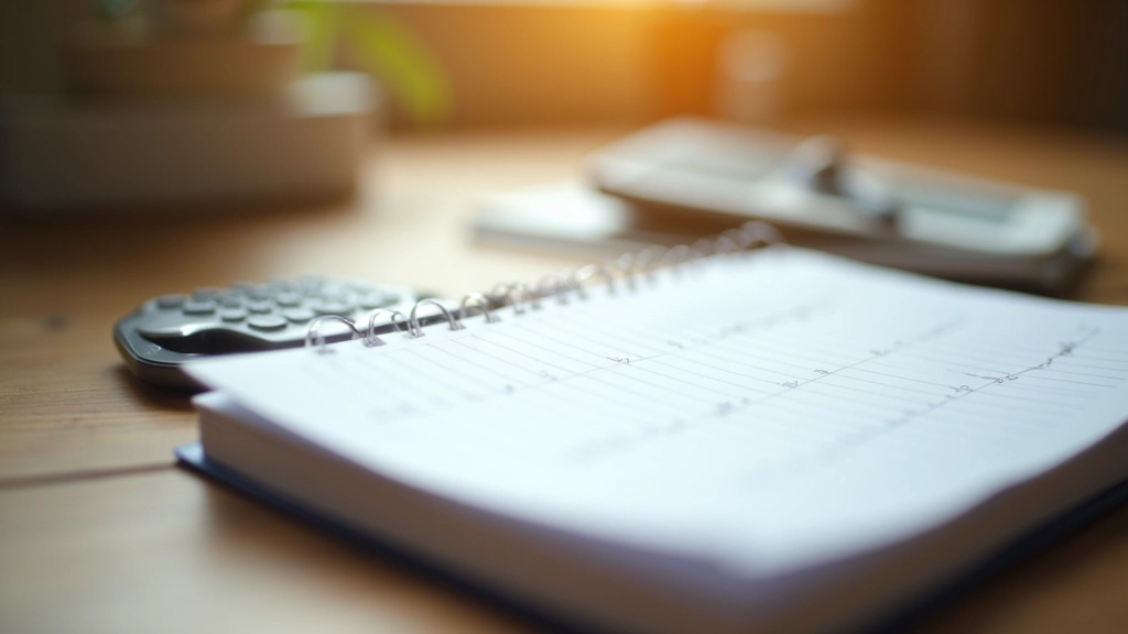 Notebook and pen on desk with financial planning documents