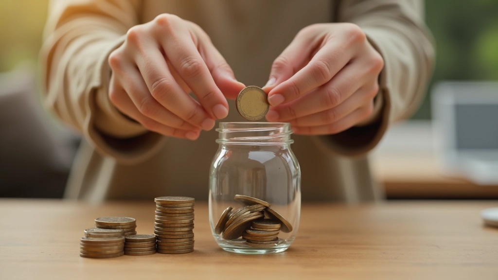 Close-up of hands placing a coin into a glass savings jar on wooden table