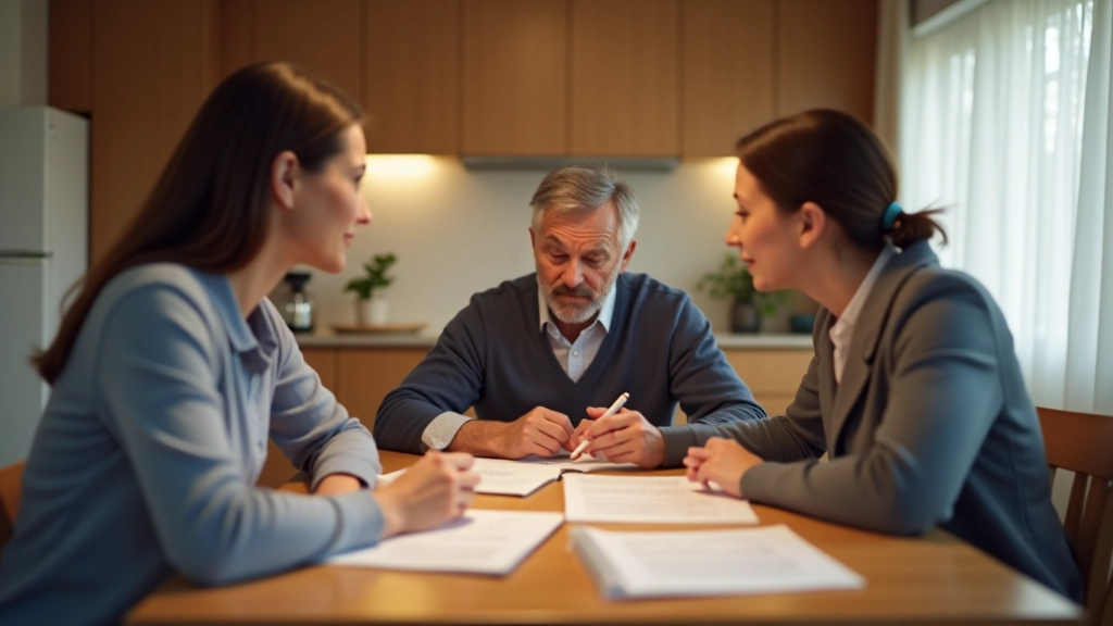 Family of three sitting at kitchen table reviewing bills and documents together