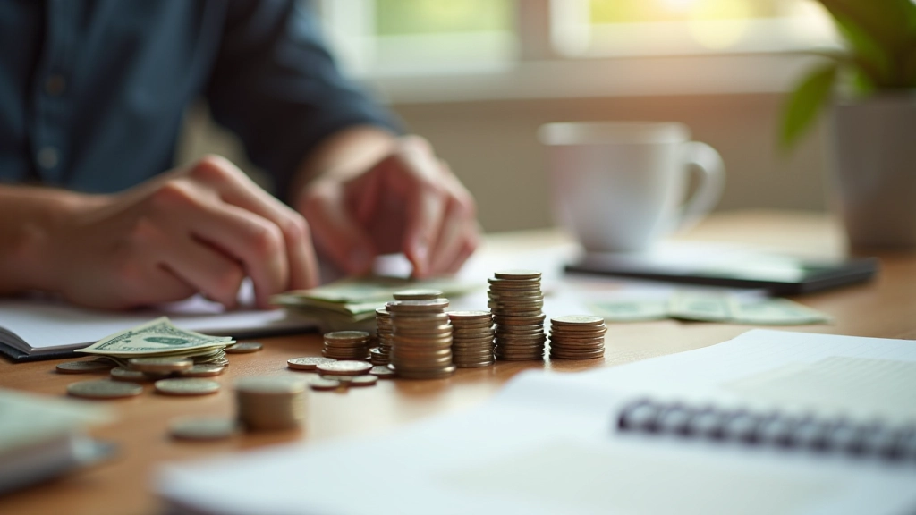 Close-up of hands counting Canadian coins and dollar bills on wooden table with notebook