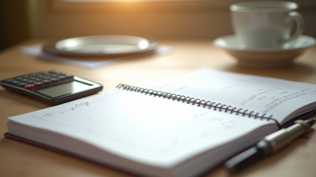 Notebook with handwritten expense tracking list and calculator on desk with coffee cup