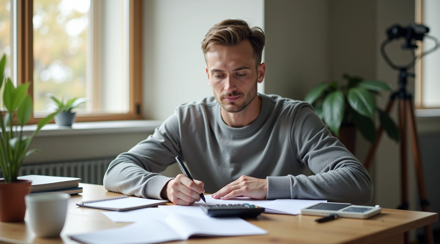 Person reviewing financial documents and savings plan at home office desk with calculator and notebook