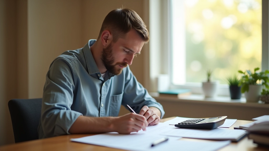 Person reviewing financial documents and bank statements at wooden desk with calculator and notepad