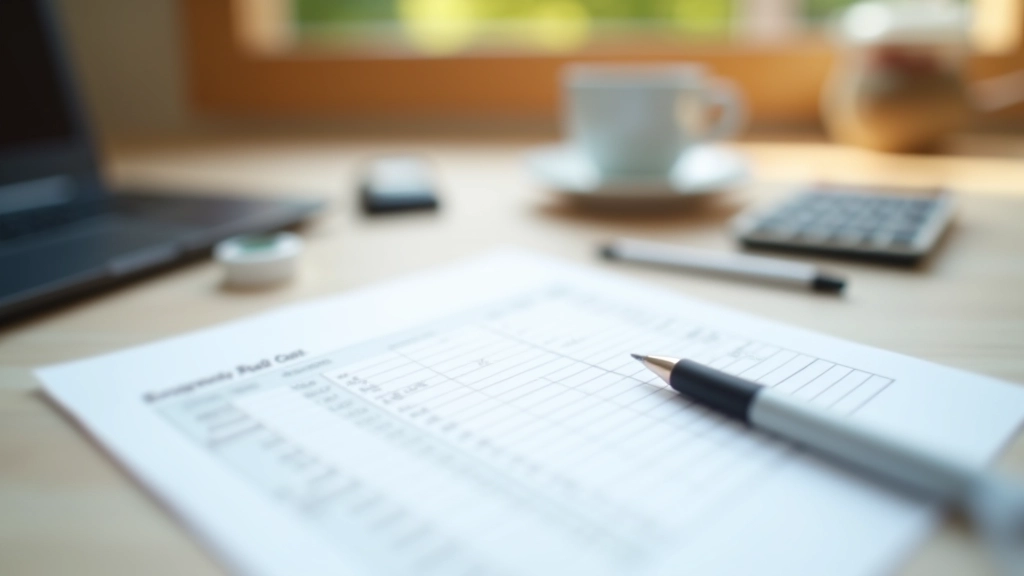 Budget spreadsheet printout with pen marking calculations and expense tracking on home desk